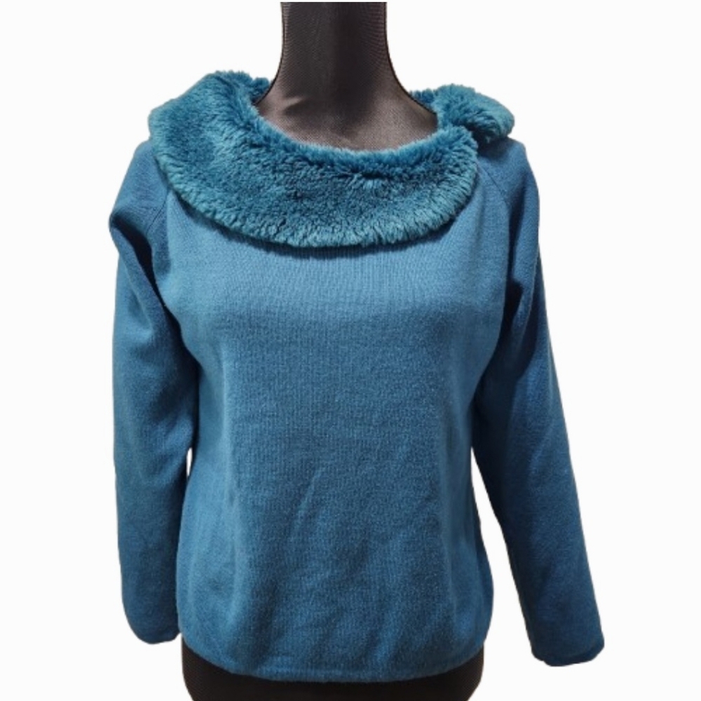 BEECHERS BROOK Teal Soft Knit Top with Faux Fur Collar (XL)